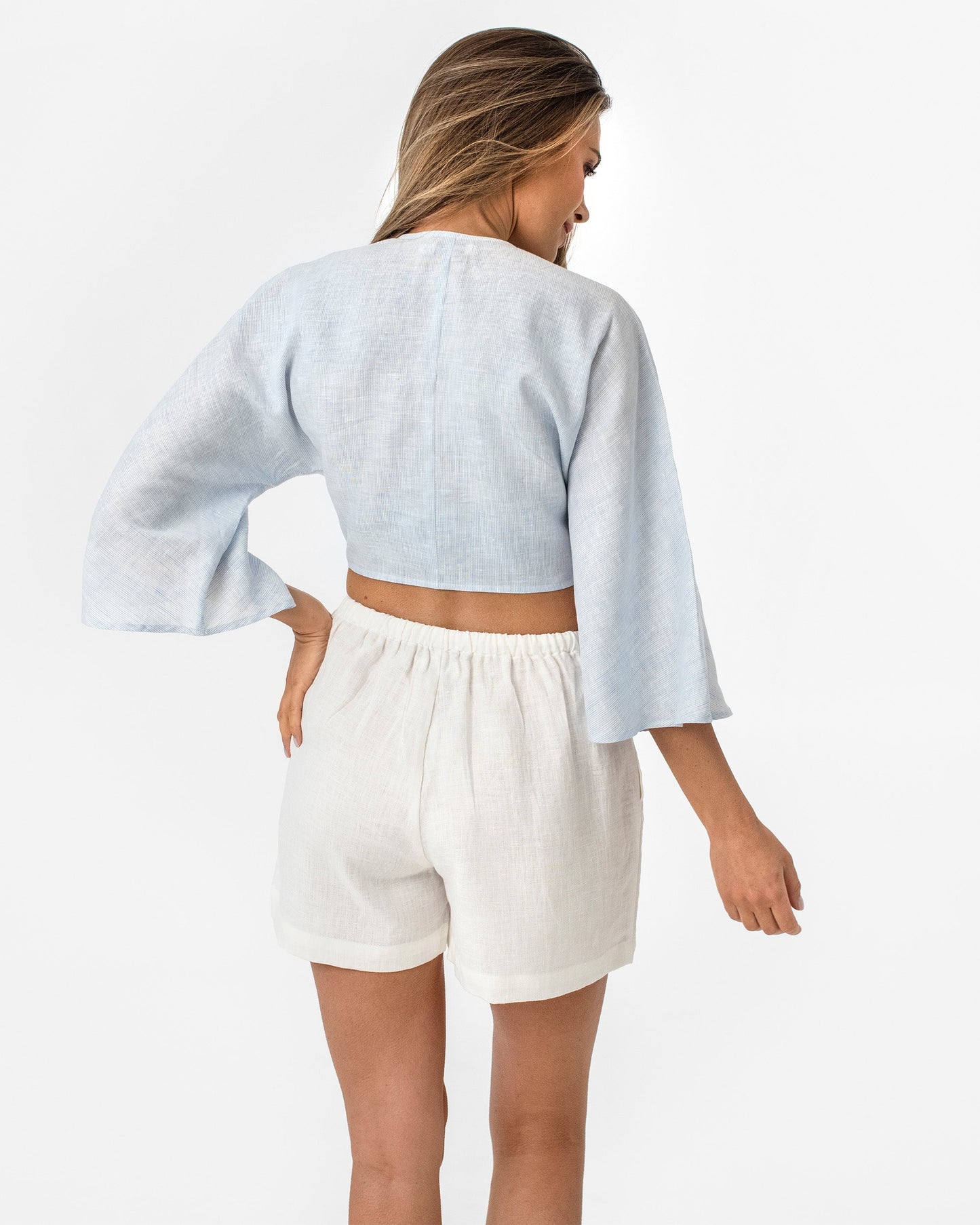 Linen crop top BALI in Pinstripe blue - MagicLinen
