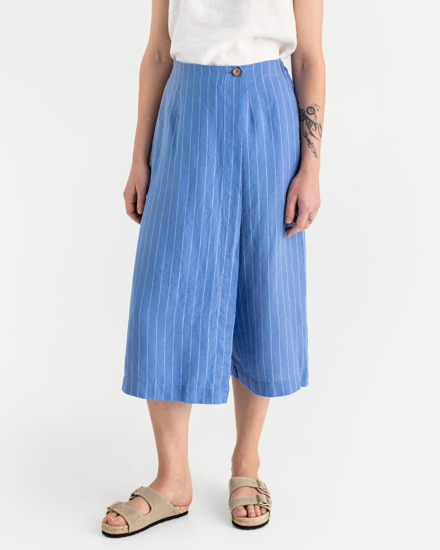 Linen culotte pants BUSAN in Blue stripes - MagicLinen