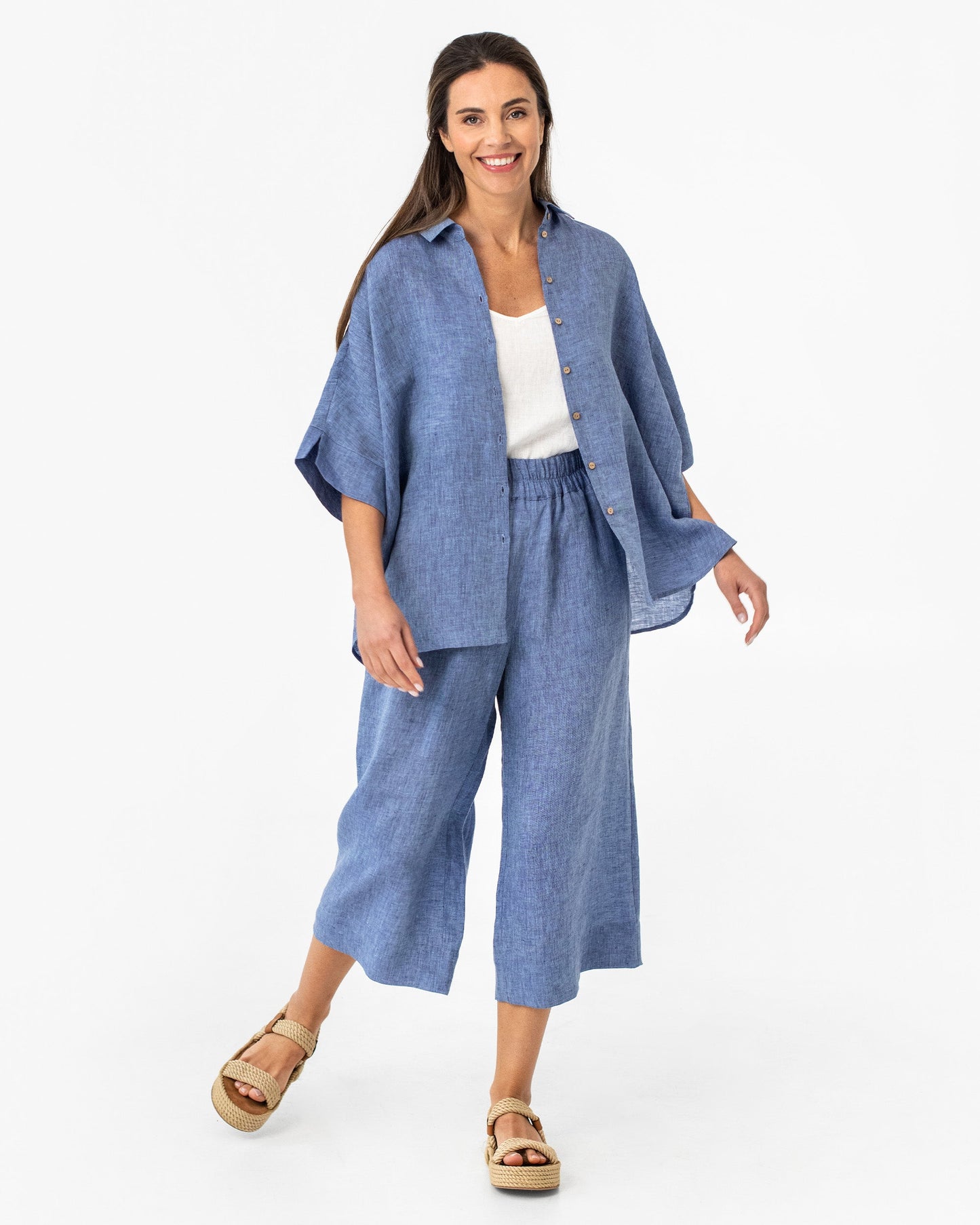 Wide leg linen culotte pants BRUNY in Denim chambray - MagicLinen