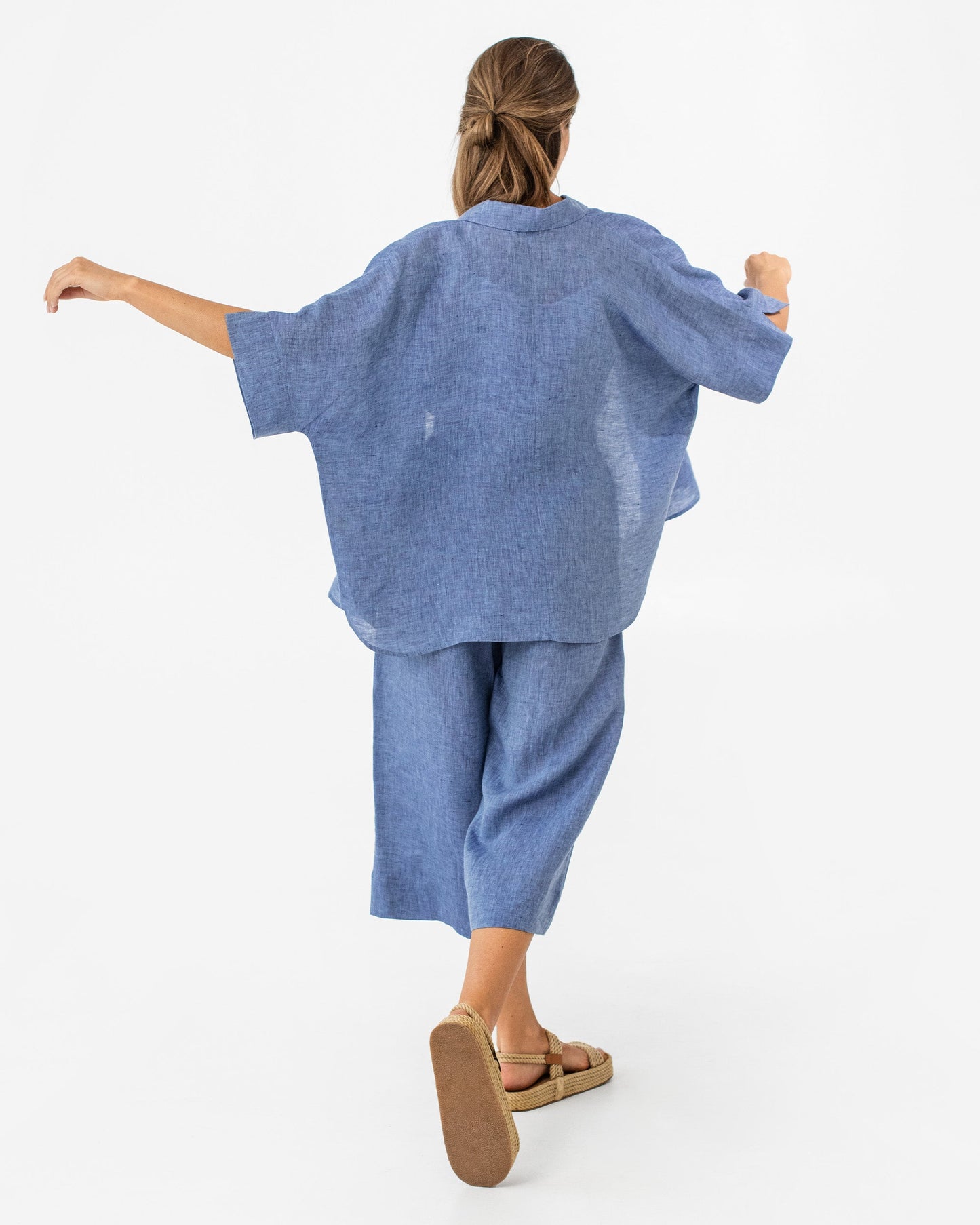 Wide leg linen culotte pants BRUNY in Denim chambray - MagicLinen