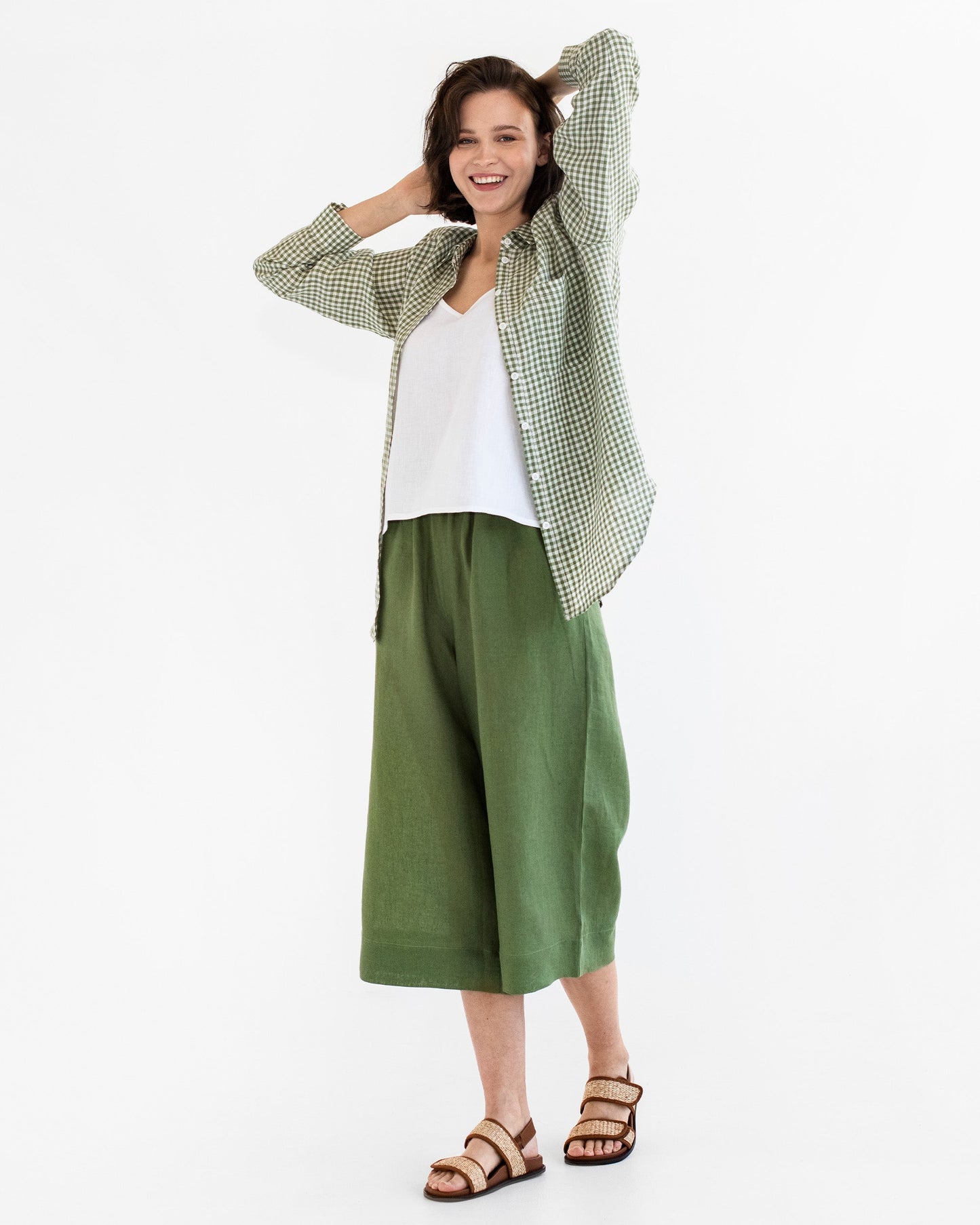 Long-sleeved linen shirt CALPE in Forest green gingham - MagicLinen