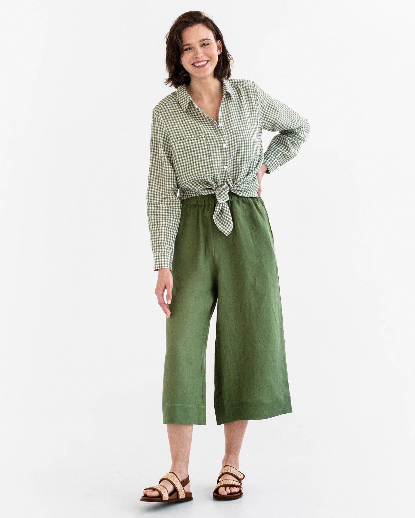Long-sleeved linen shirt CALPE in Forest green gingham - MagicLinen