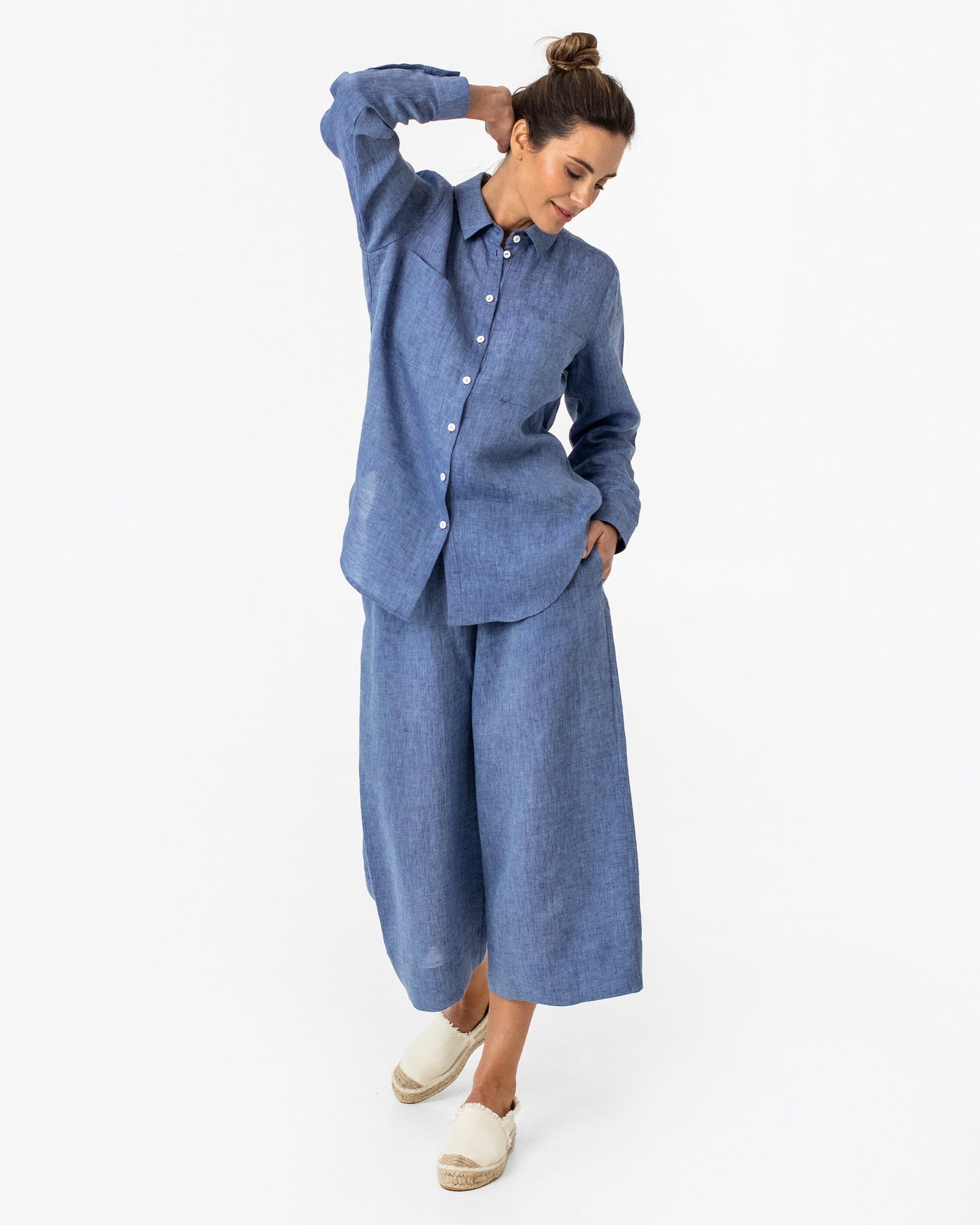 Wide leg linen culotte pants BRUNY in Denim chambray - MagicLinen