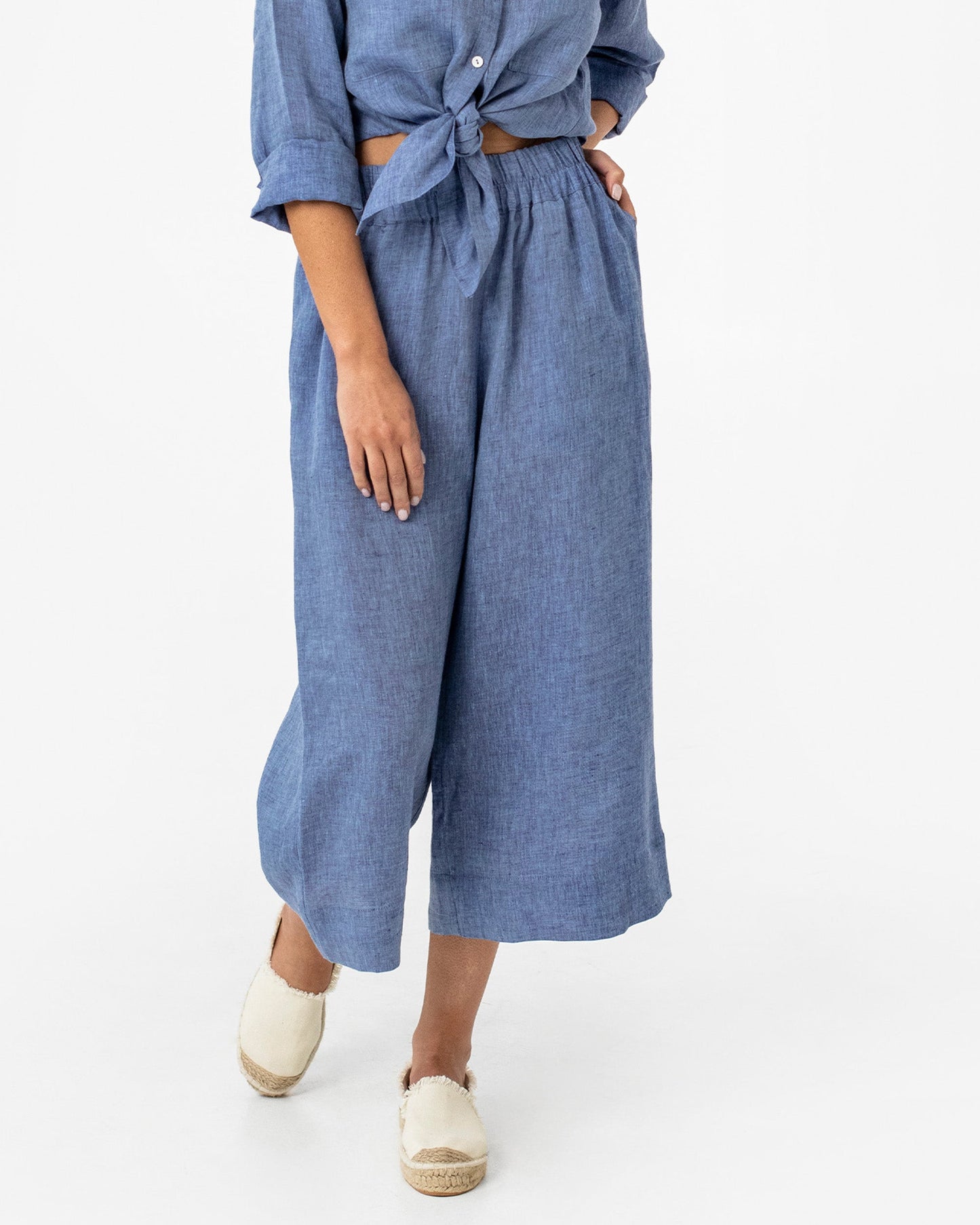 Wide leg linen culotte pants BRUNY in Denim chambray - MagicLinen