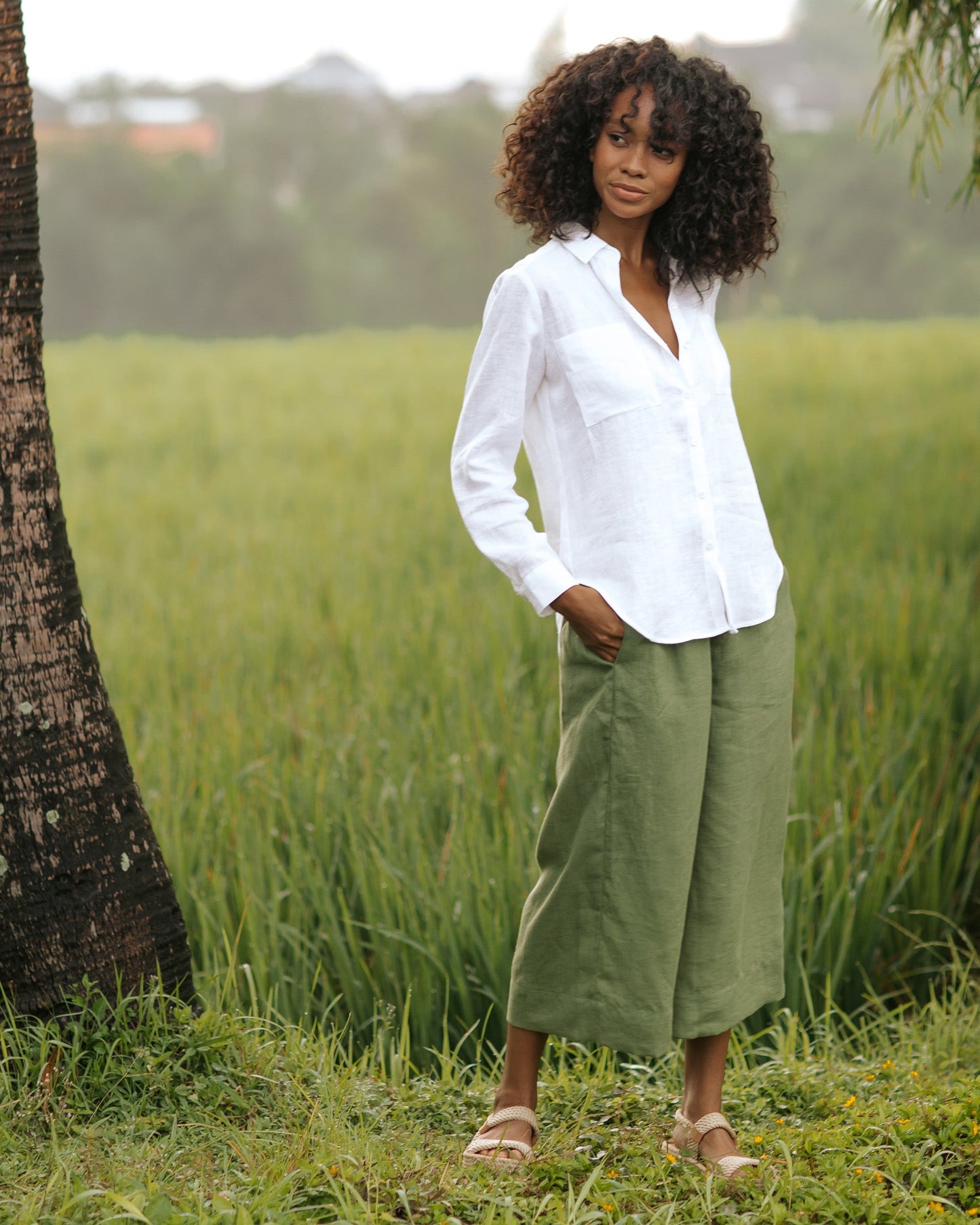Wide leg linen culotte pants BRUNY in Forest green - MagicLinen