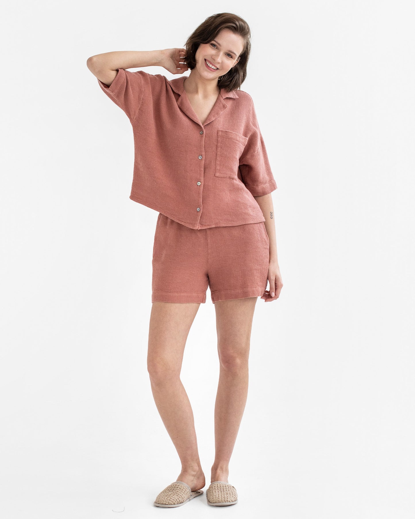 Waffle shirt CHARTRES in Burnt sienna - MagicLinen