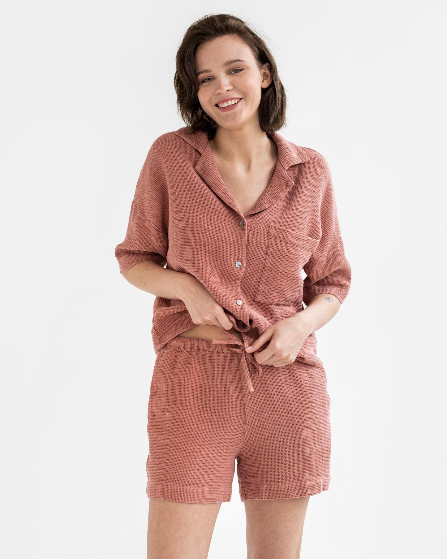 Waffle shirt CHARTRES in Burnt sienna - MagicLinen