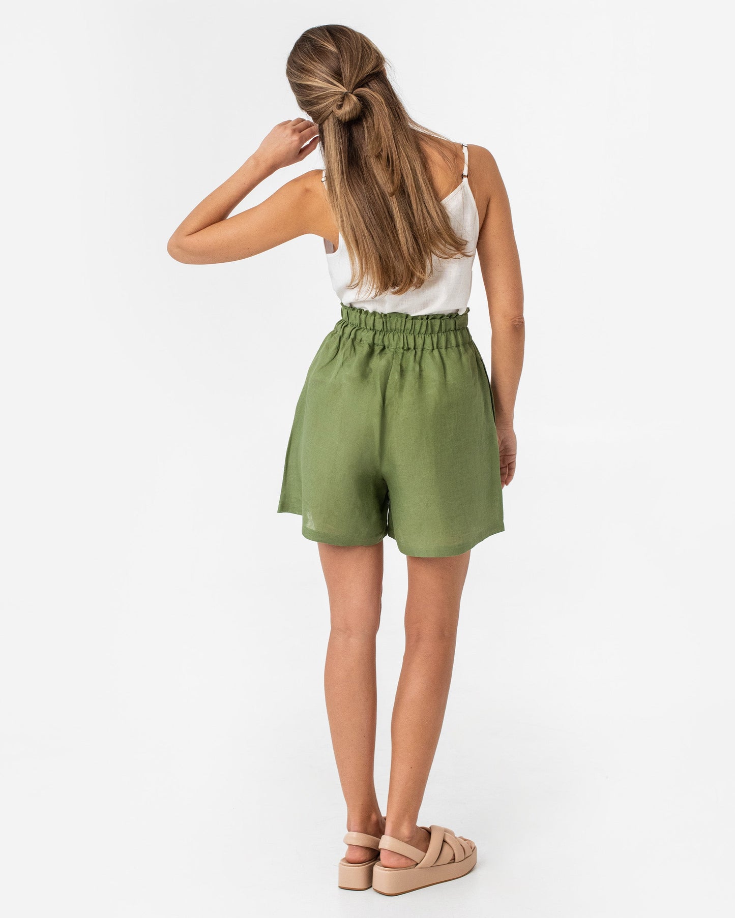 High waisted linen shorts CUENCA in Forest green - MagicLinen