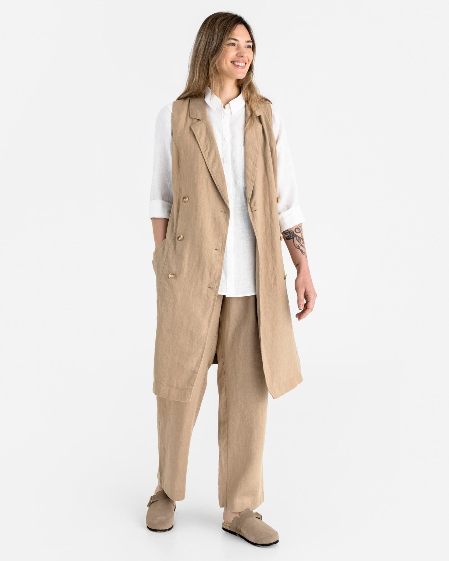 Trench linen dress LISBON in Wheat - MagicLinen