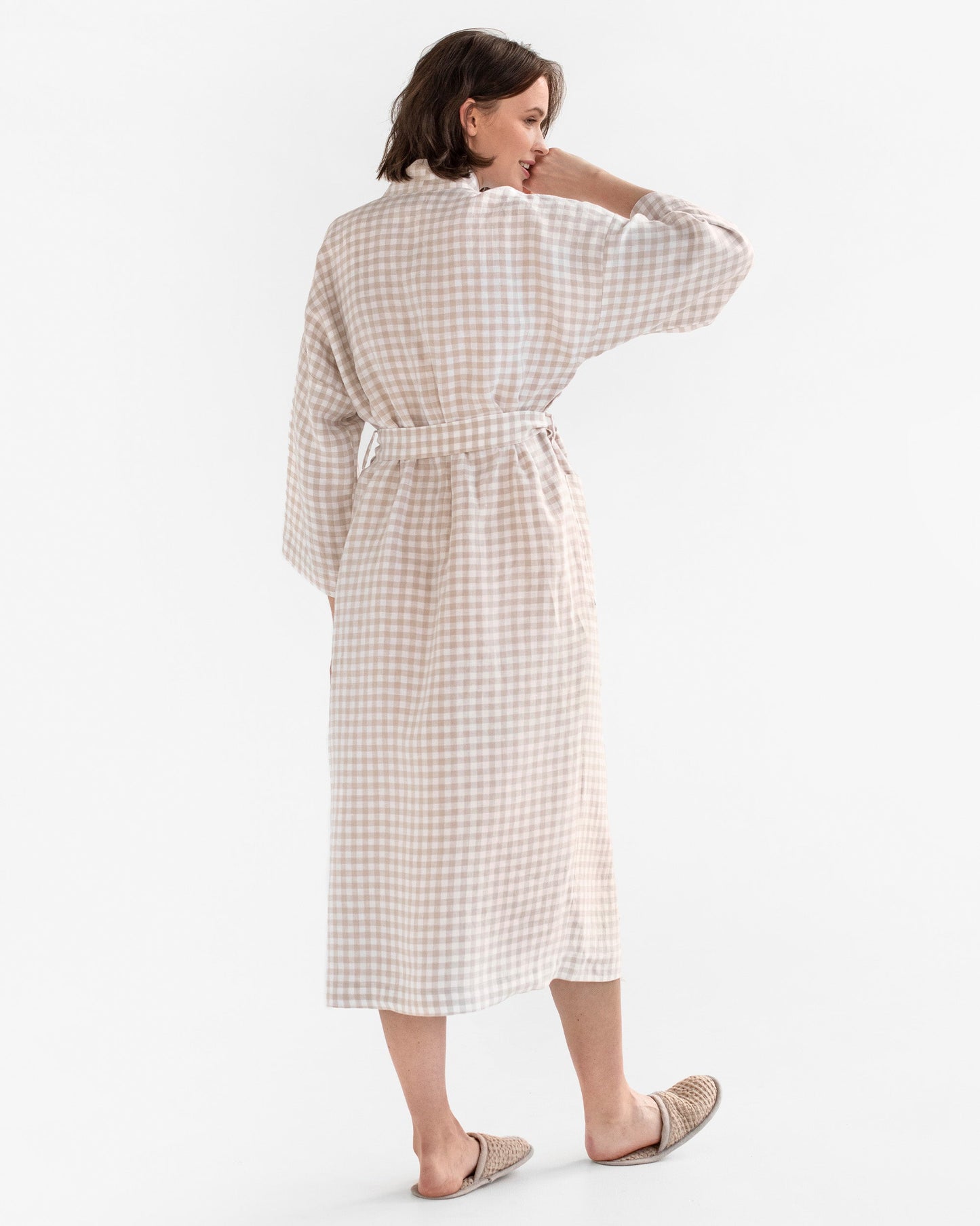 Linen robe MAJORCA in Natural gingham - MagicLinen