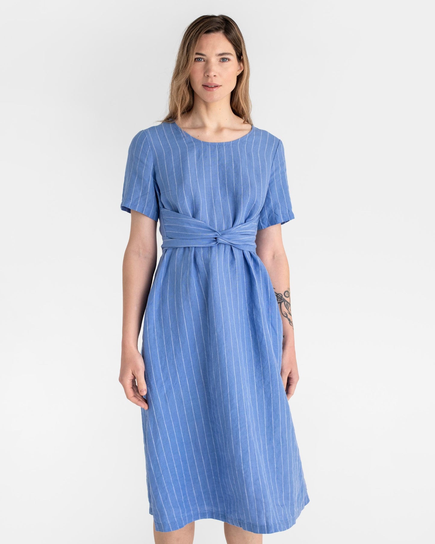 Midi wrap linen dress MANILA in Blue stripes - MagicLinen