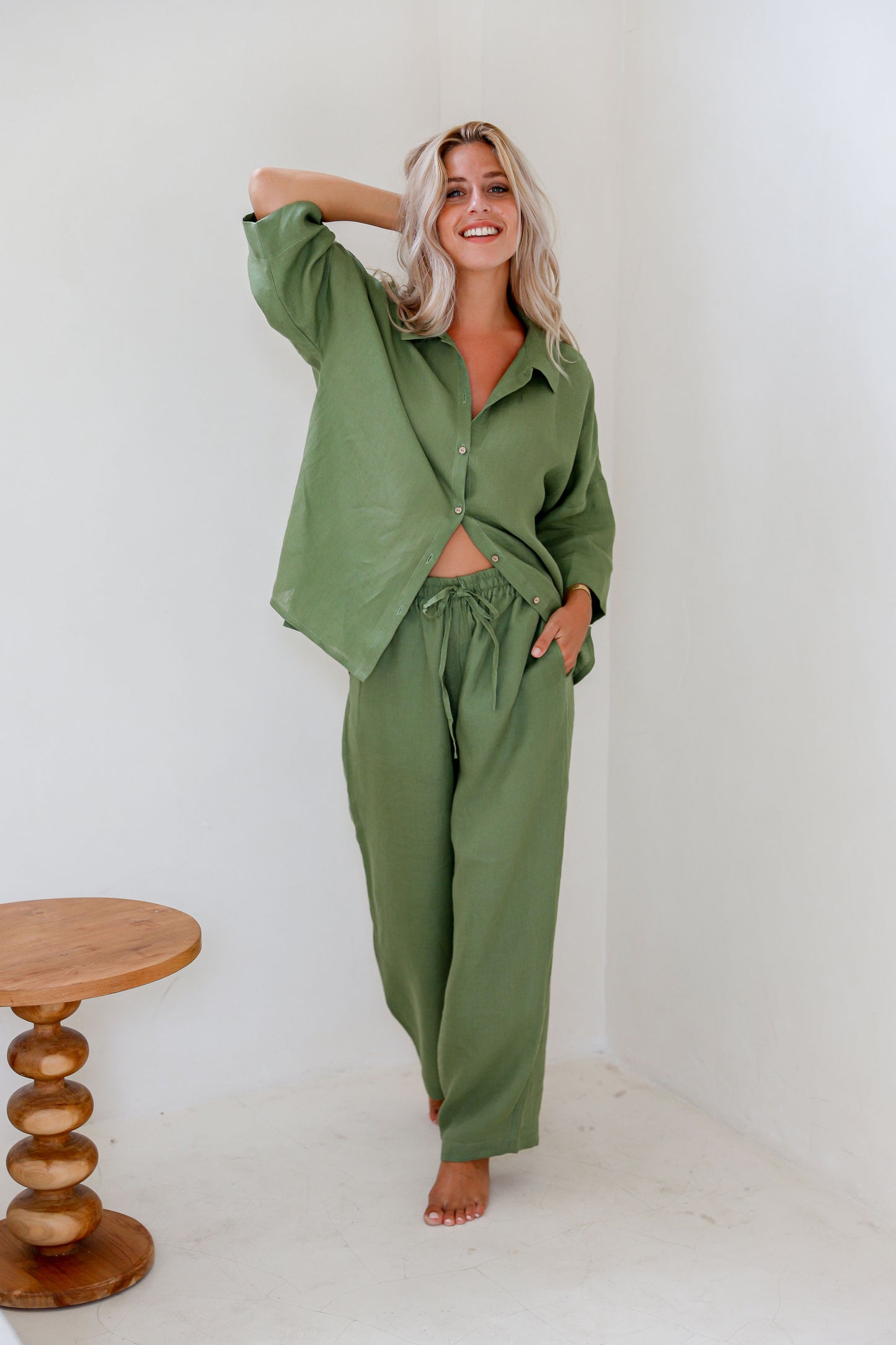 Long sleeve linen pajama AVEIRA in Forest Green