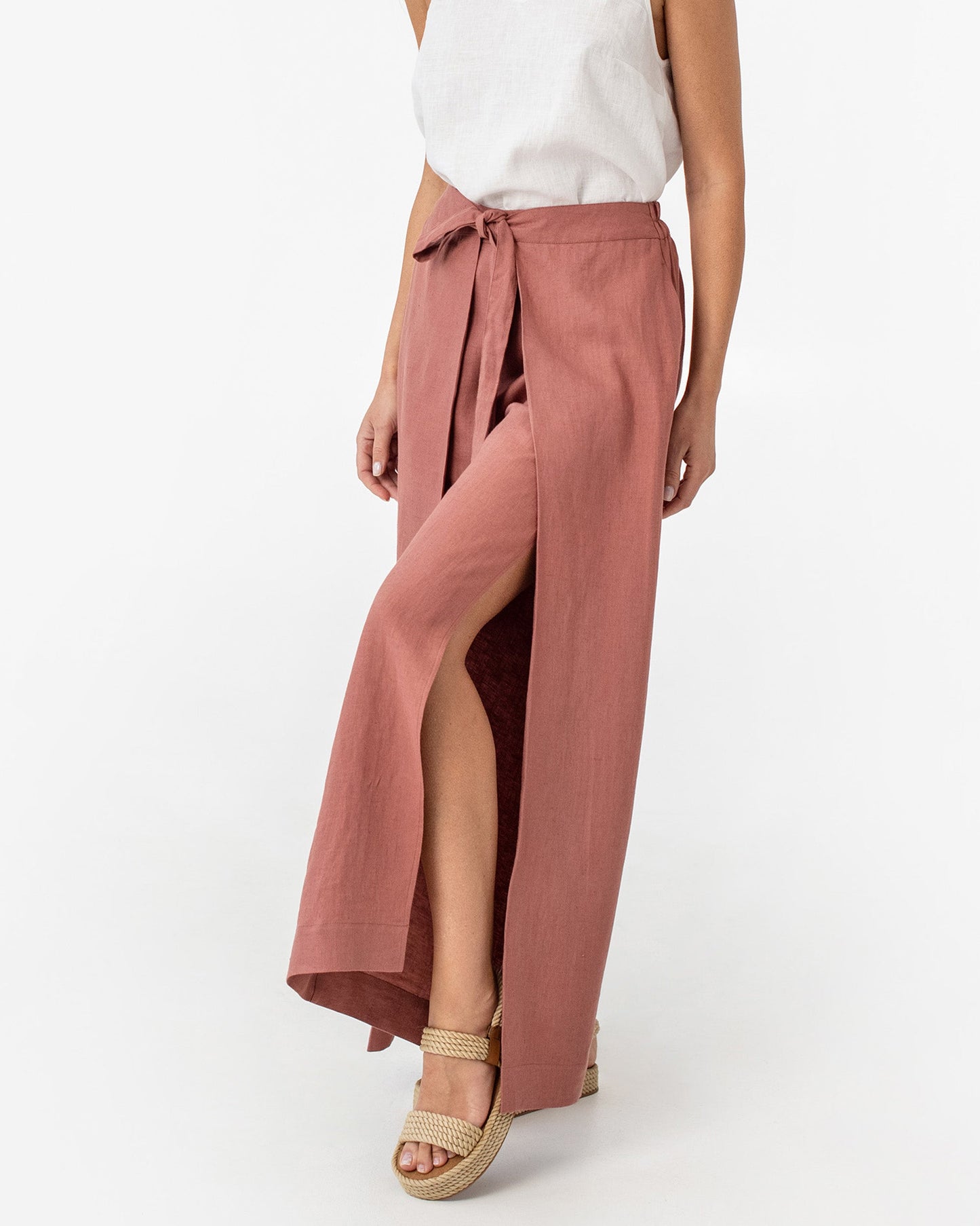 Slit wrap linen pants NASSAU in Clay pink - MagicLinen