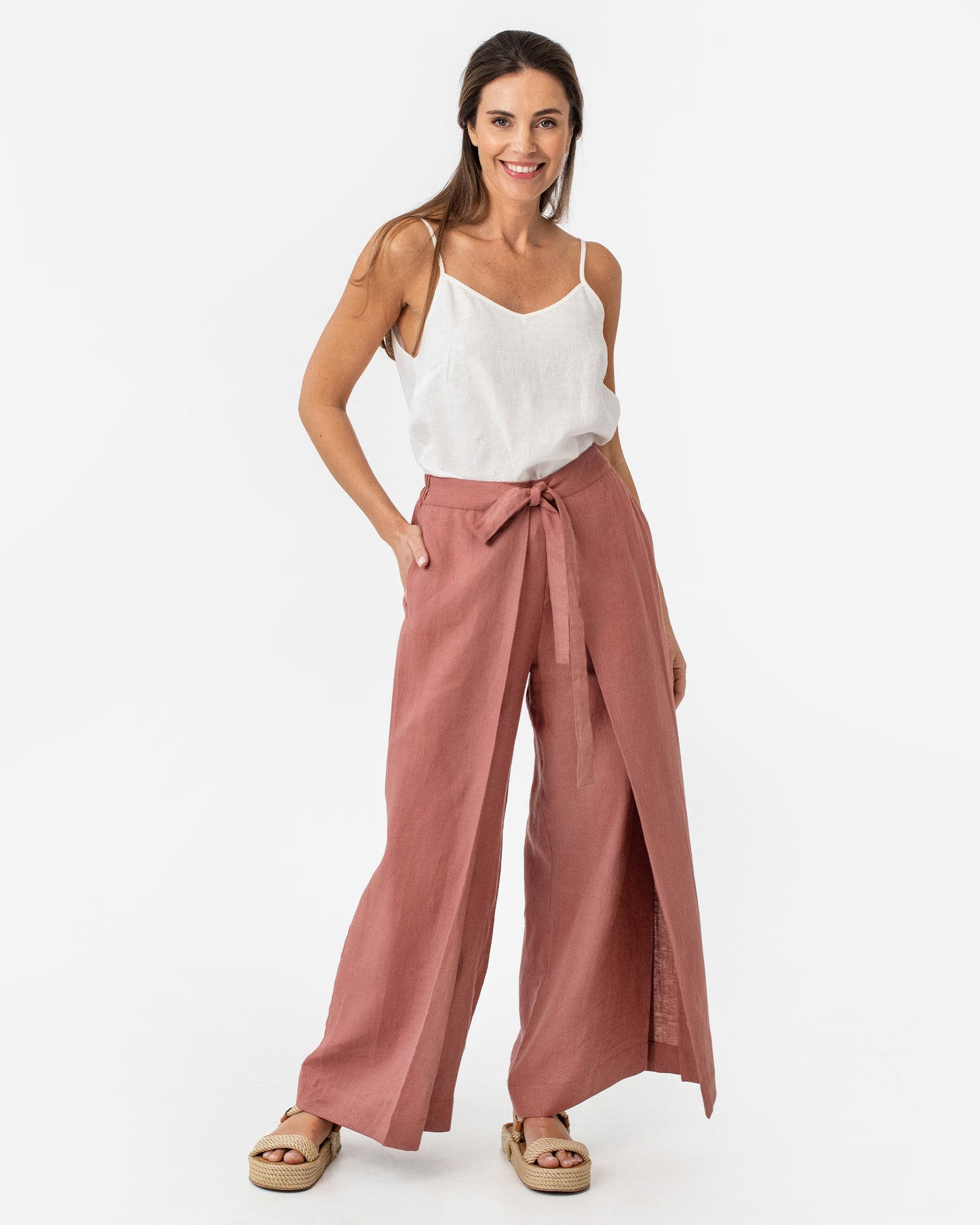 Slit wrap linen pants NASSAU in Clay pink - MagicLinen