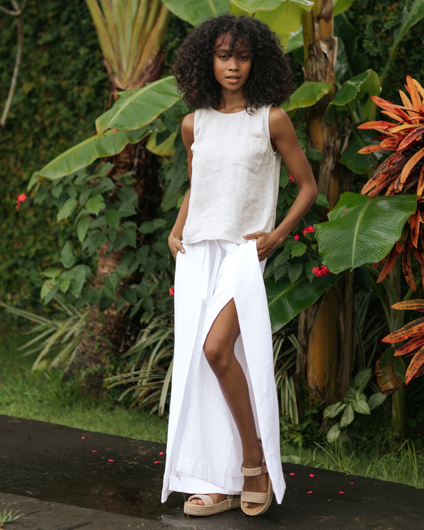 Slit wrap linen pants NASSAU in White - MagicLinen