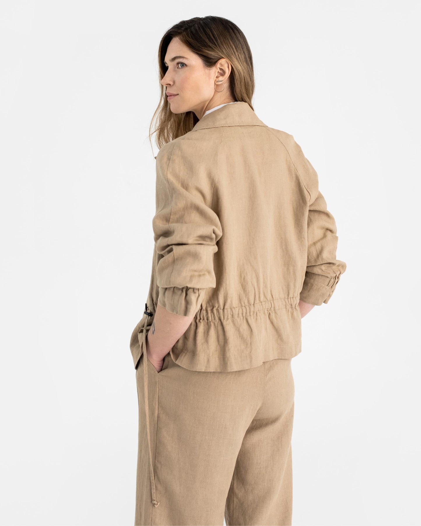 Cropped linen trench coat OBAN in Wheat - MagicLinen