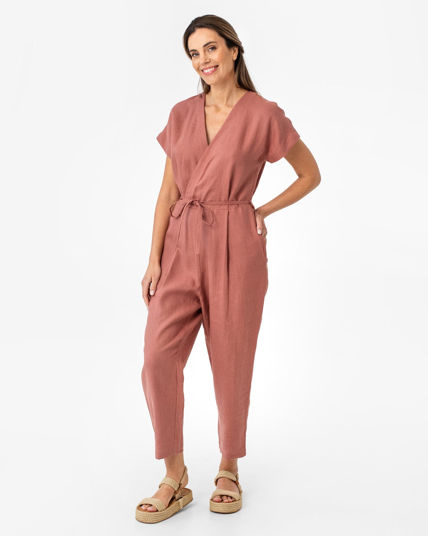 Wrap linen jumpsuit SAPA in Clay pink - MagicLinen