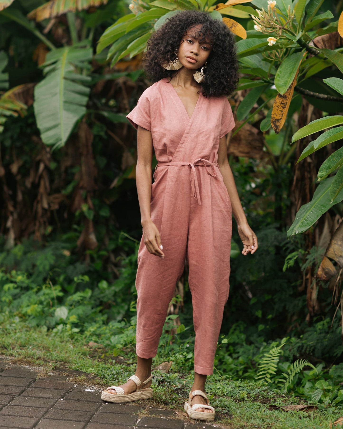 Wrap linen jumpsuit SAPA in Clay pink - MagicLinen