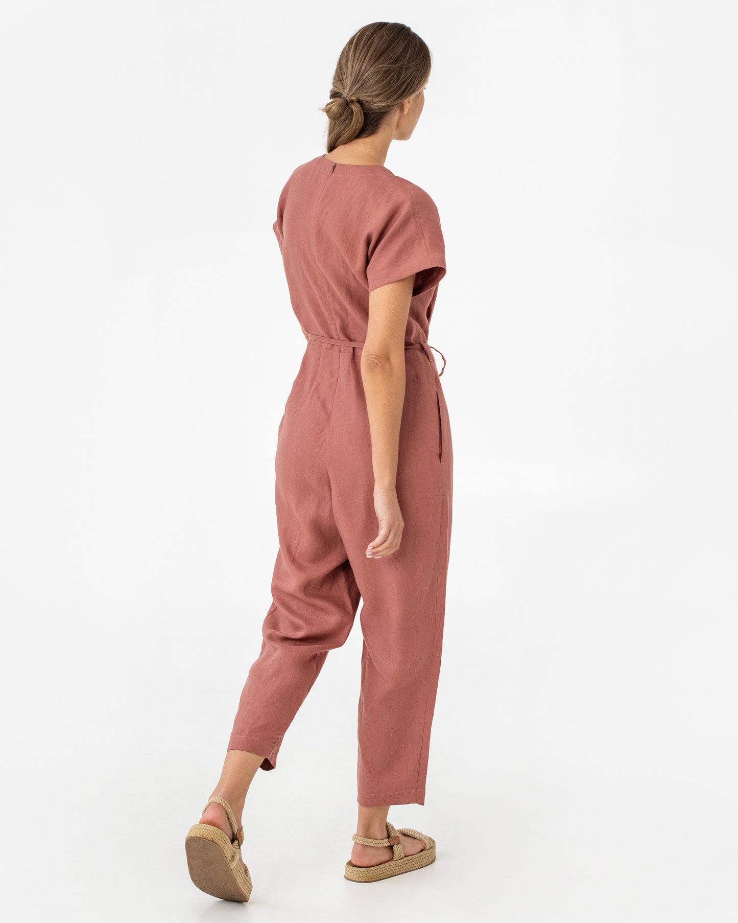 Wrap linen jumpsuit SAPA in Clay pink - MagicLinen