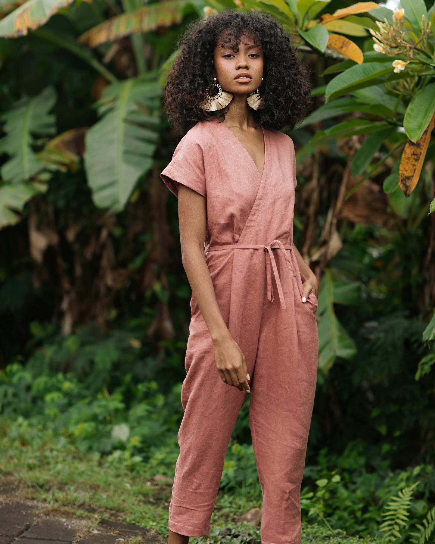 Wrap linen jumpsuit SAPA in Clay pink - MagicLinen
