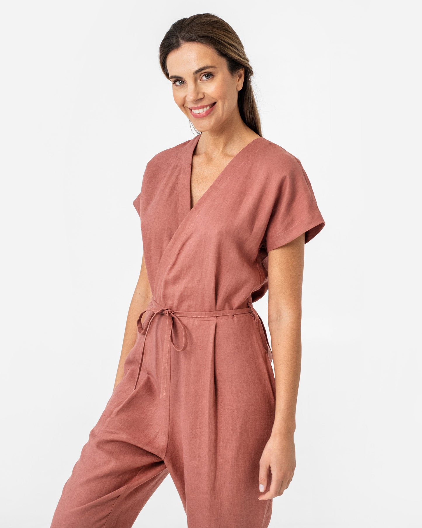 Wrap linen jumpsuit SAPA in Clay pink - MagicLinen