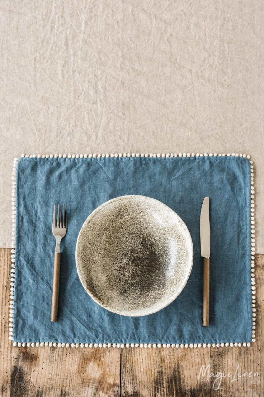 Pom pom trim linen placemat set of 2