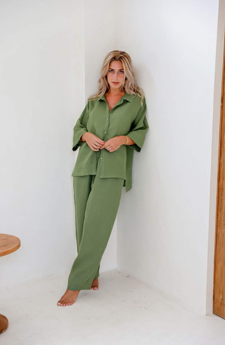 Long sleeve linen pajama AVEIRA in Forest Green