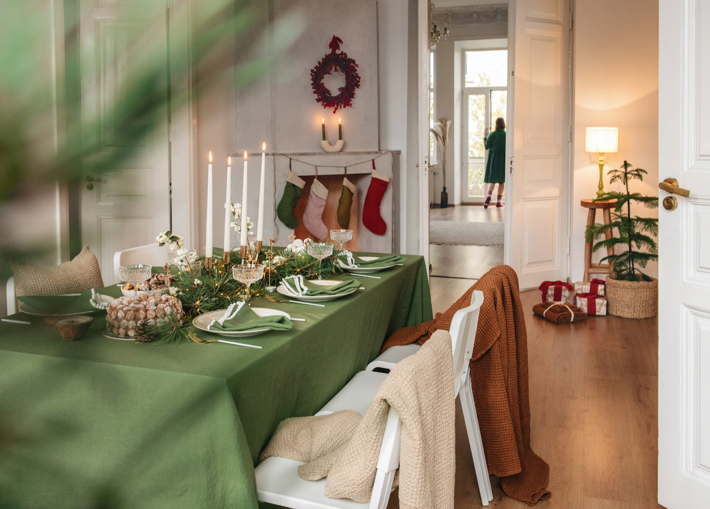 Forest green linen tablecloth