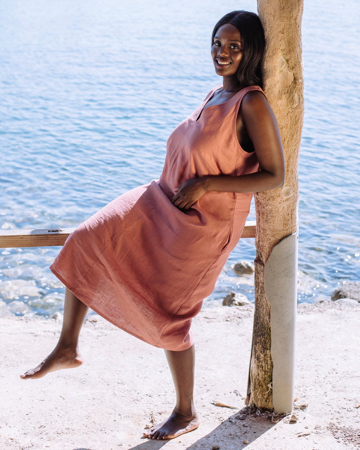Cut-out linen dress TAHITI in Clay pink - MagicLinen