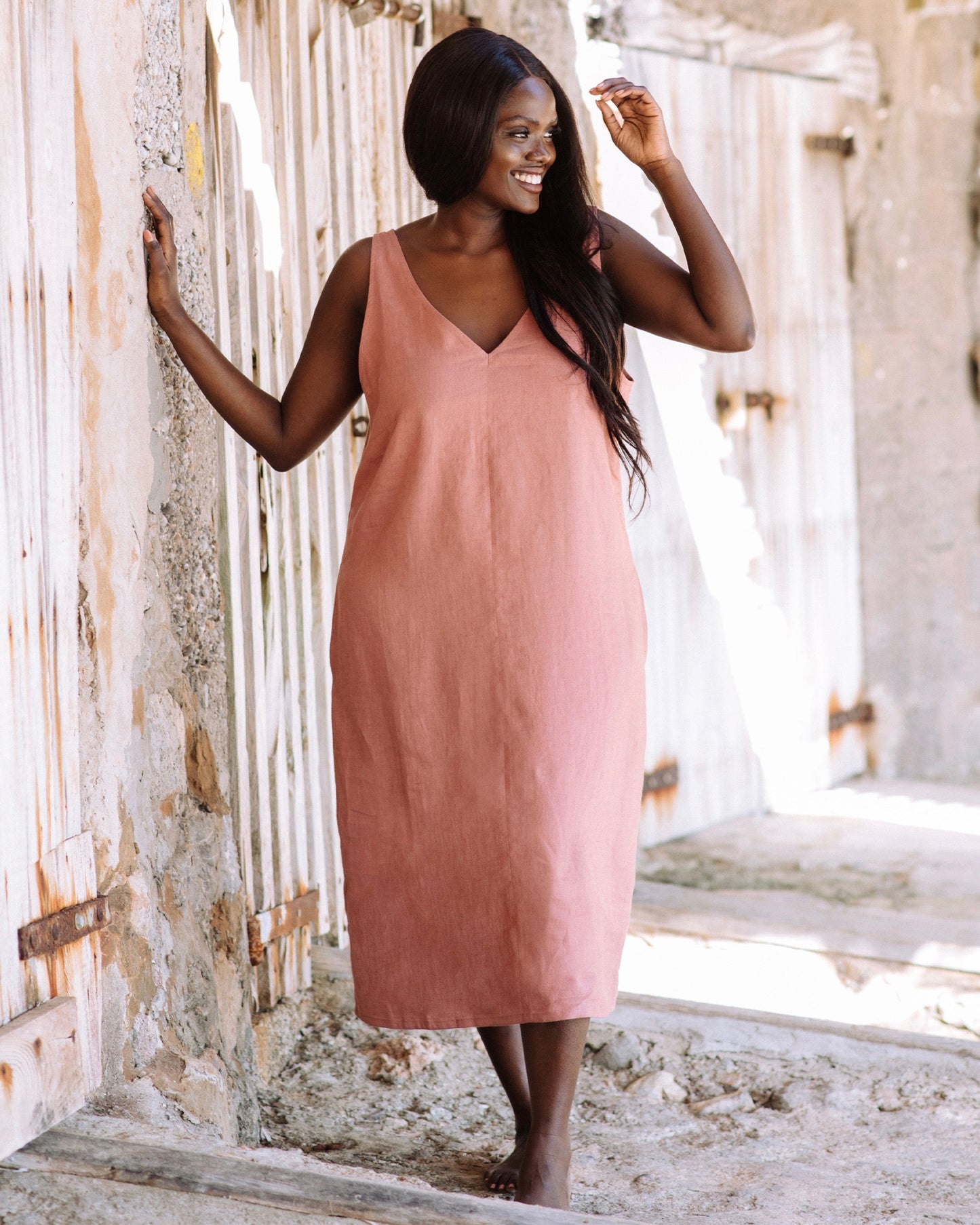 Cut-out linen dress TAHITI in Clay pink - MagicLinen