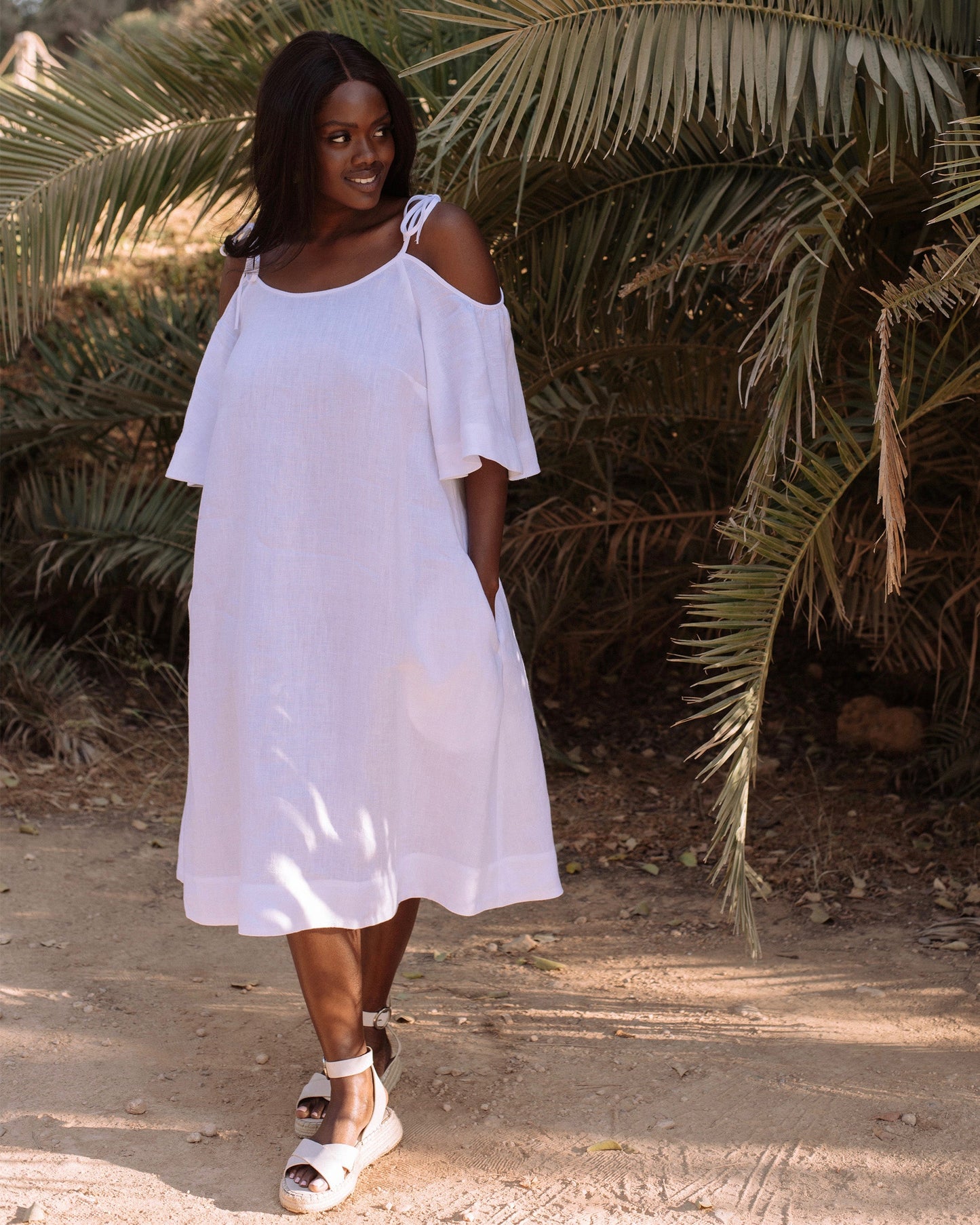 Midi cold shoulder linen dress THASSOS in White - MagicLinen