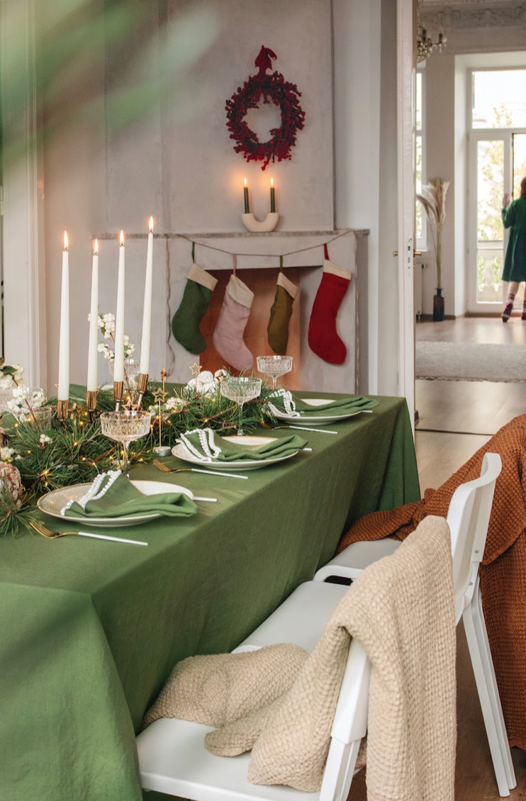 Forest green linen tablecloth