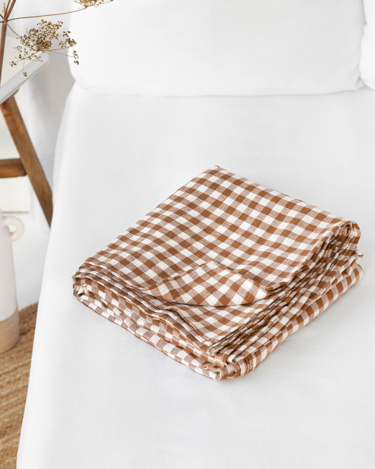 Cinnamon gingham linen flat sheet | MagicLinen
