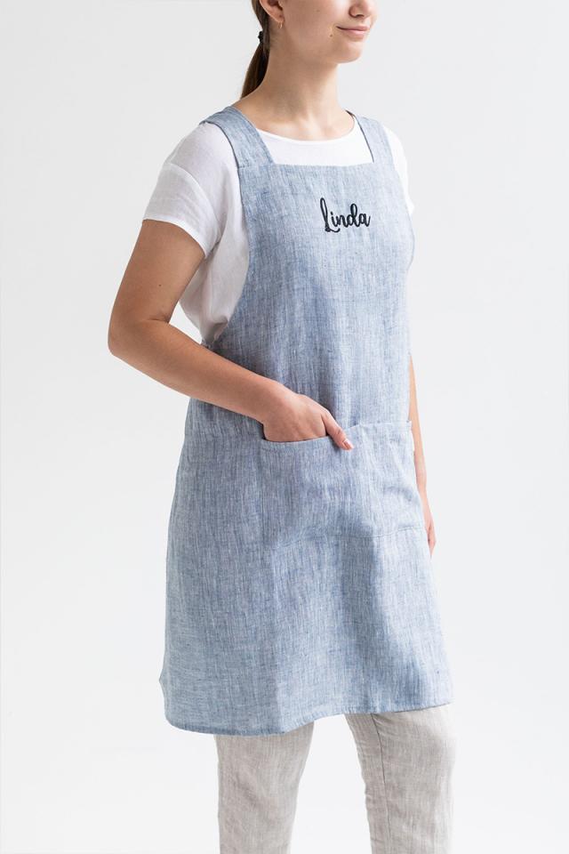 Embroidered Pinafore Cross-Back Linen Apron (pre-orders only)