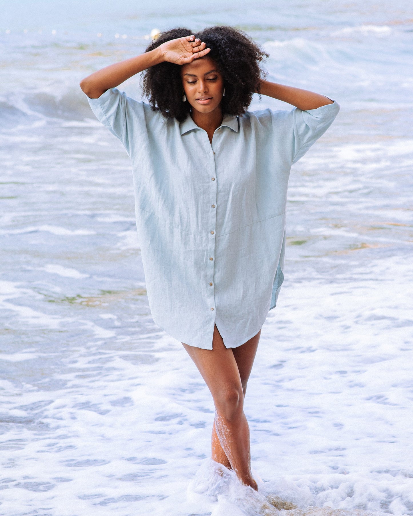 Flowing linen tunic-shirt SANIBEL in dusty blue - MagicLinen
