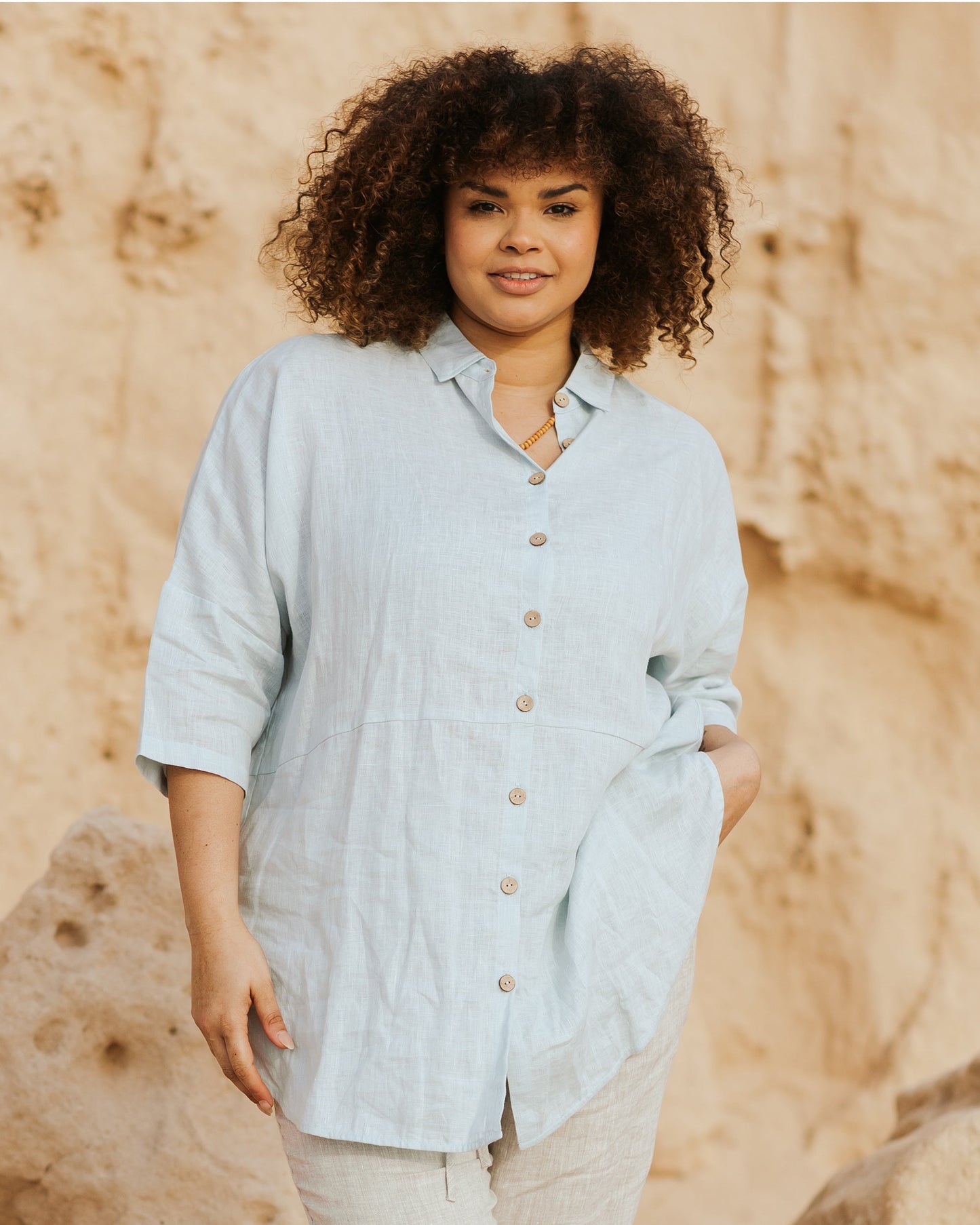 Flowing linen tunic-shirt SANIBEL in dusty blue - MagicLinen