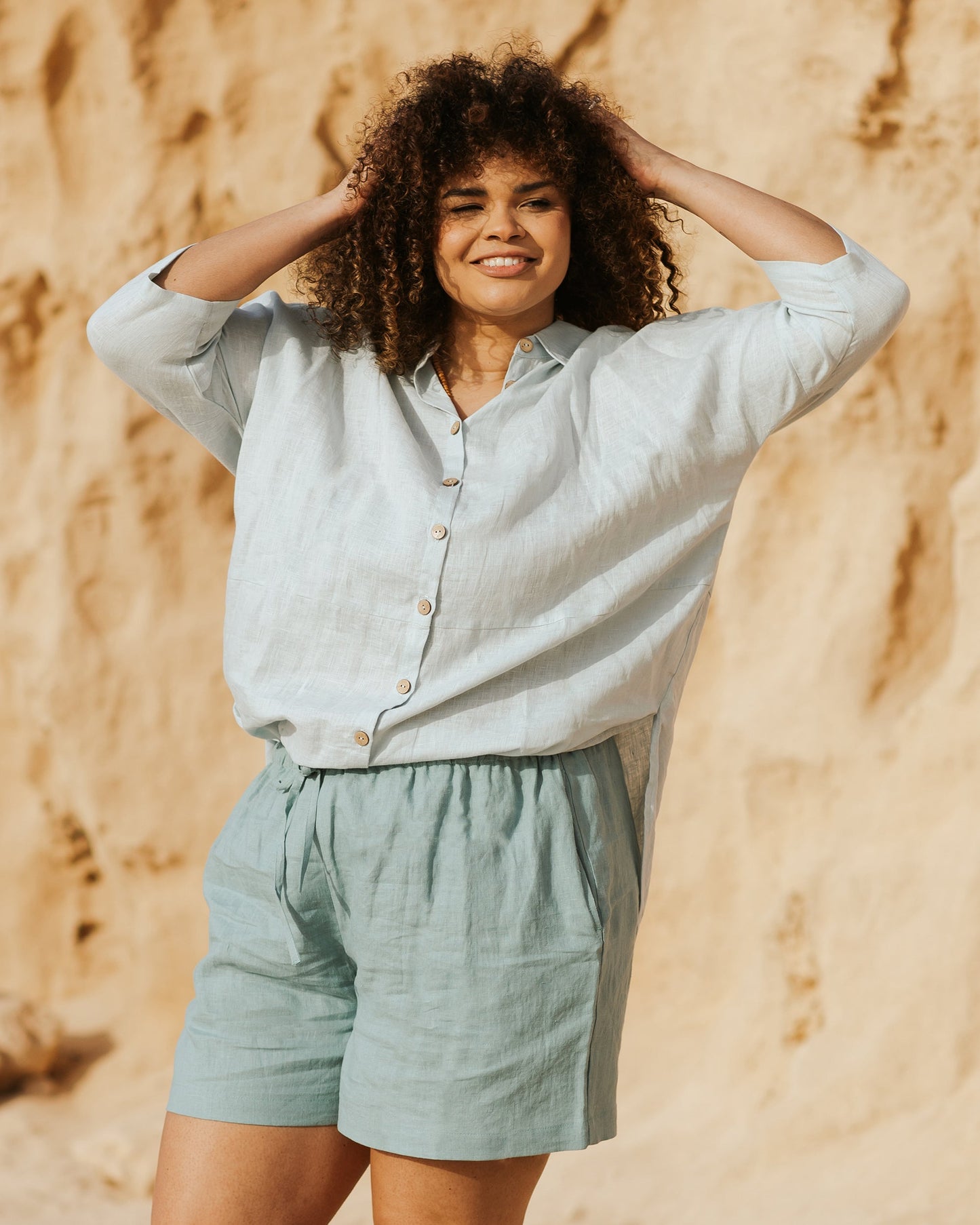 Flowing linen tunic-shirt SANIBEL in dusty blue - MagicLinen