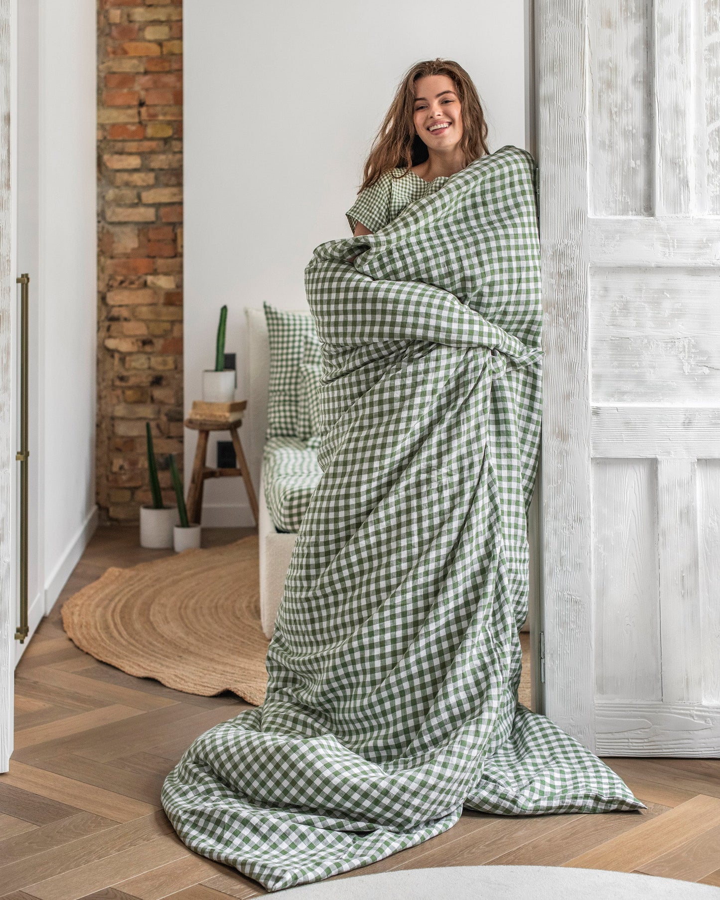 Forest green gingham linen duvet cover - MagicLinen