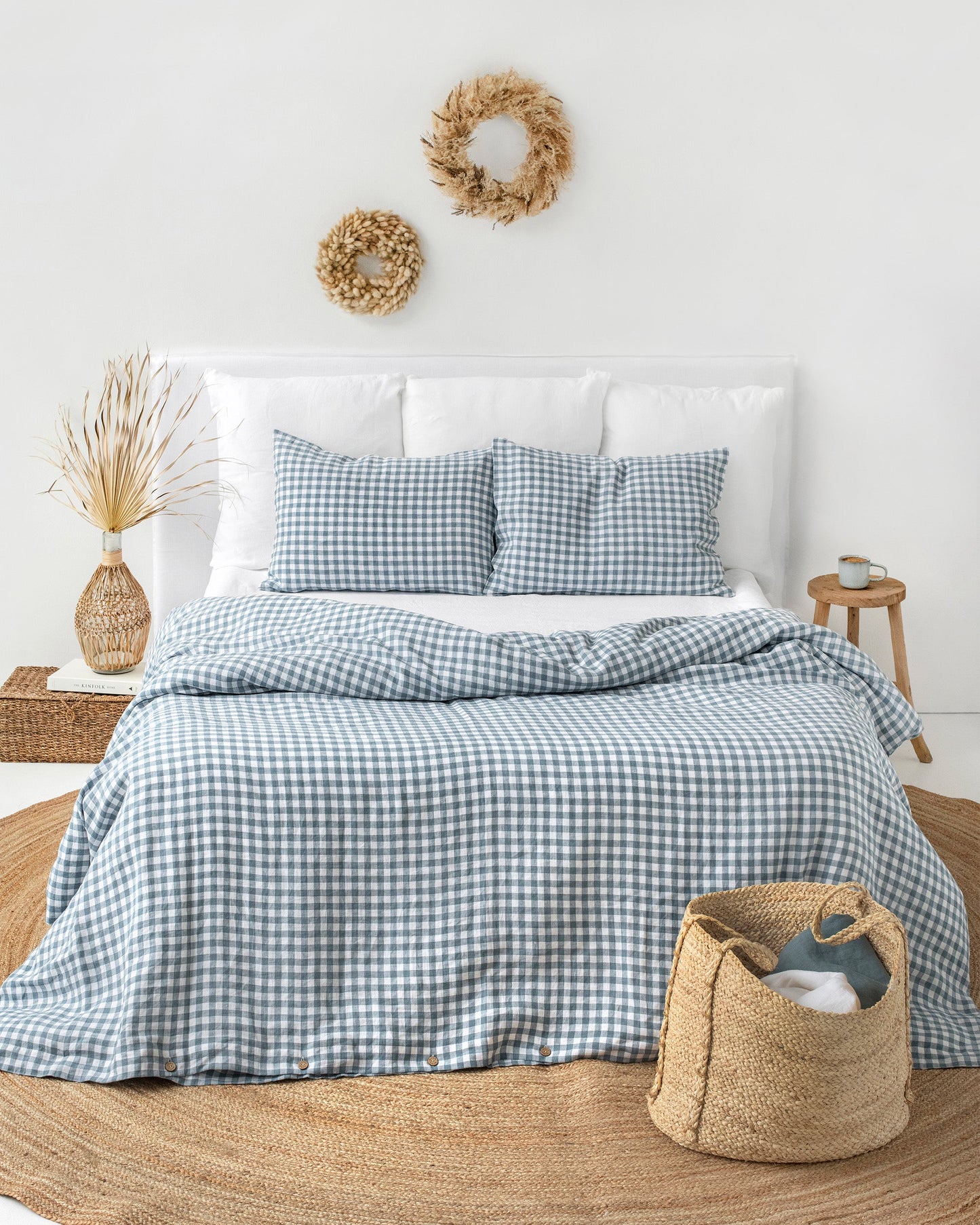 Gray blue gingham linen duvet cover - MagicLinen