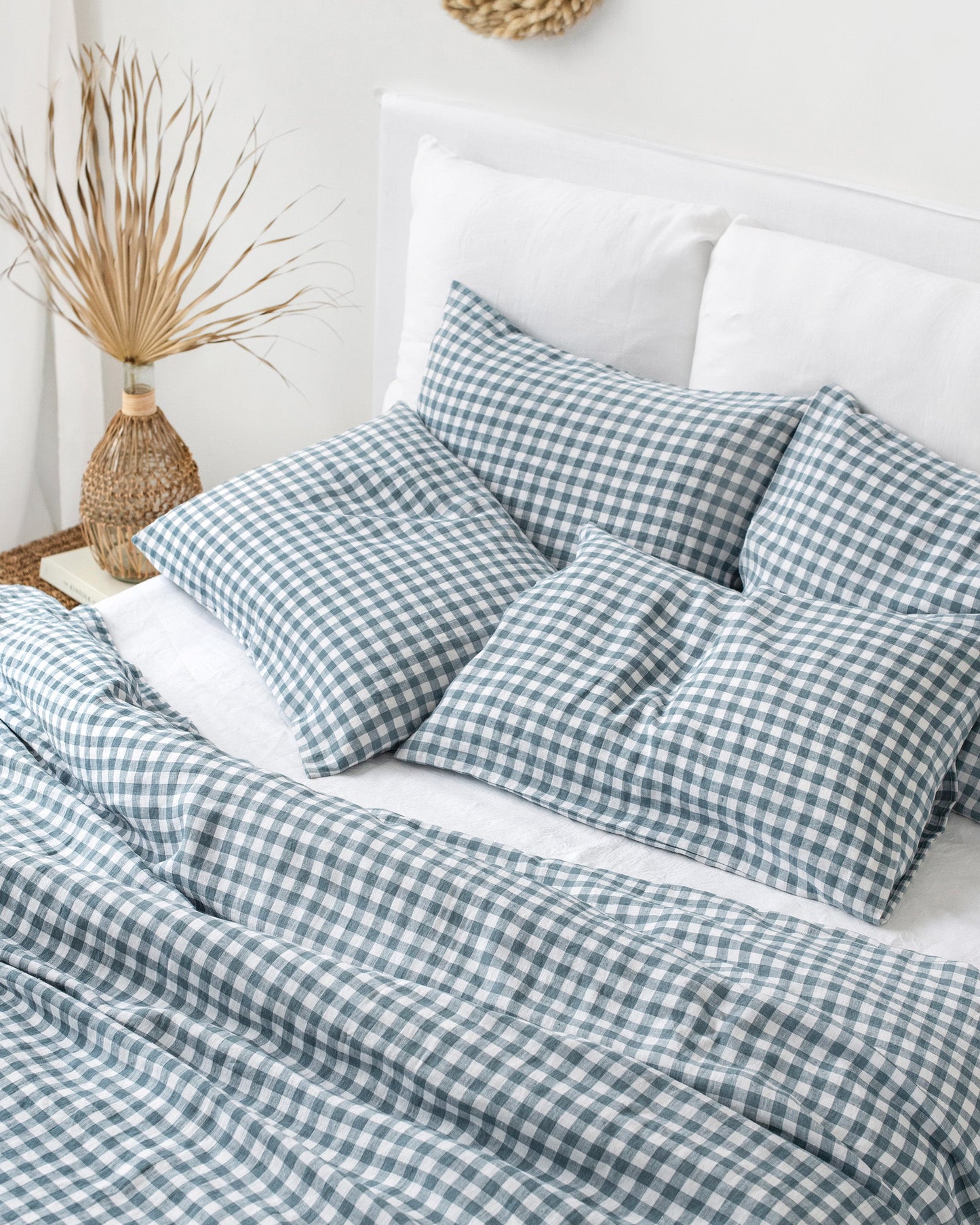 Gray blue gingham linen duvet cover - MagicLinen