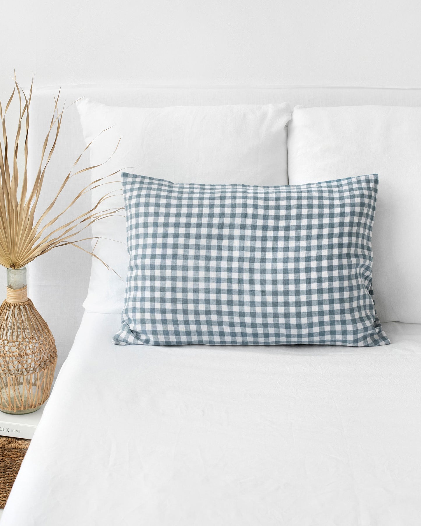 Gray blue gingham linen pillowcase - MagicLinen