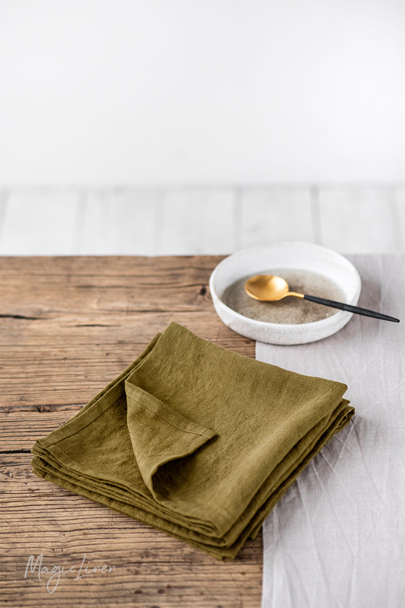 Olive green linen napkin set of 2