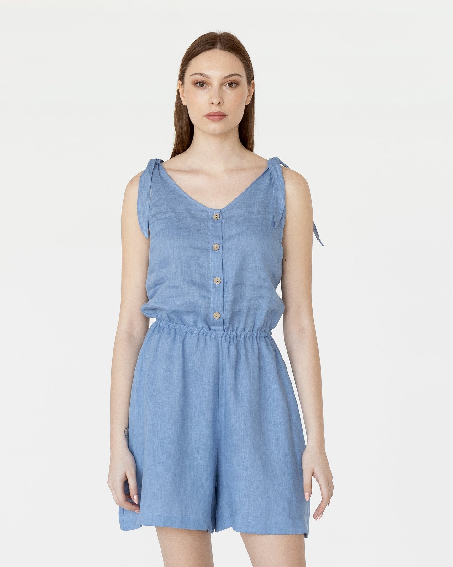 Cozy linen romper MENDOCINO in ocean blue - MagicLinen