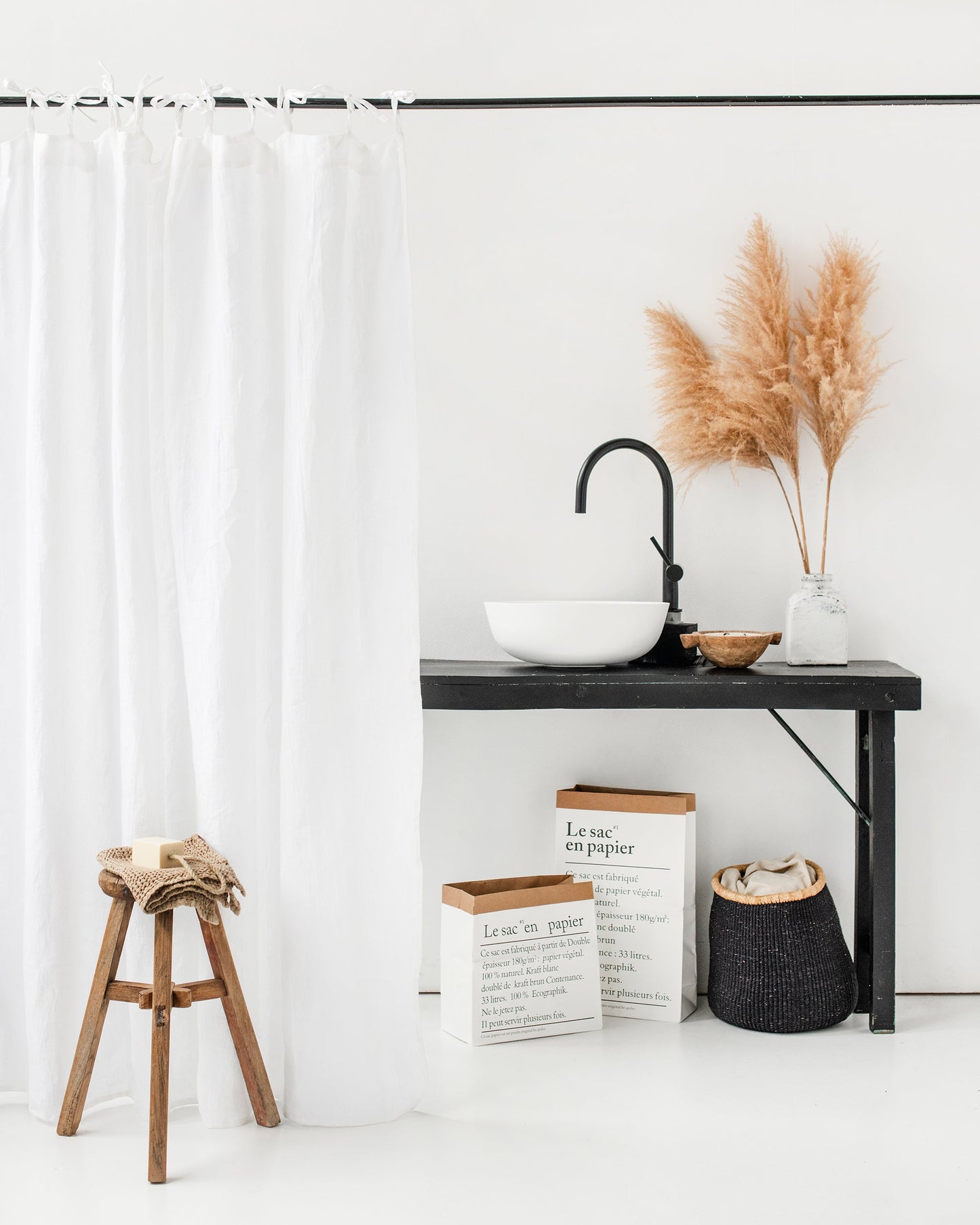 Linen shower curtain panel with tie top (1 pcs) - MagicLinen