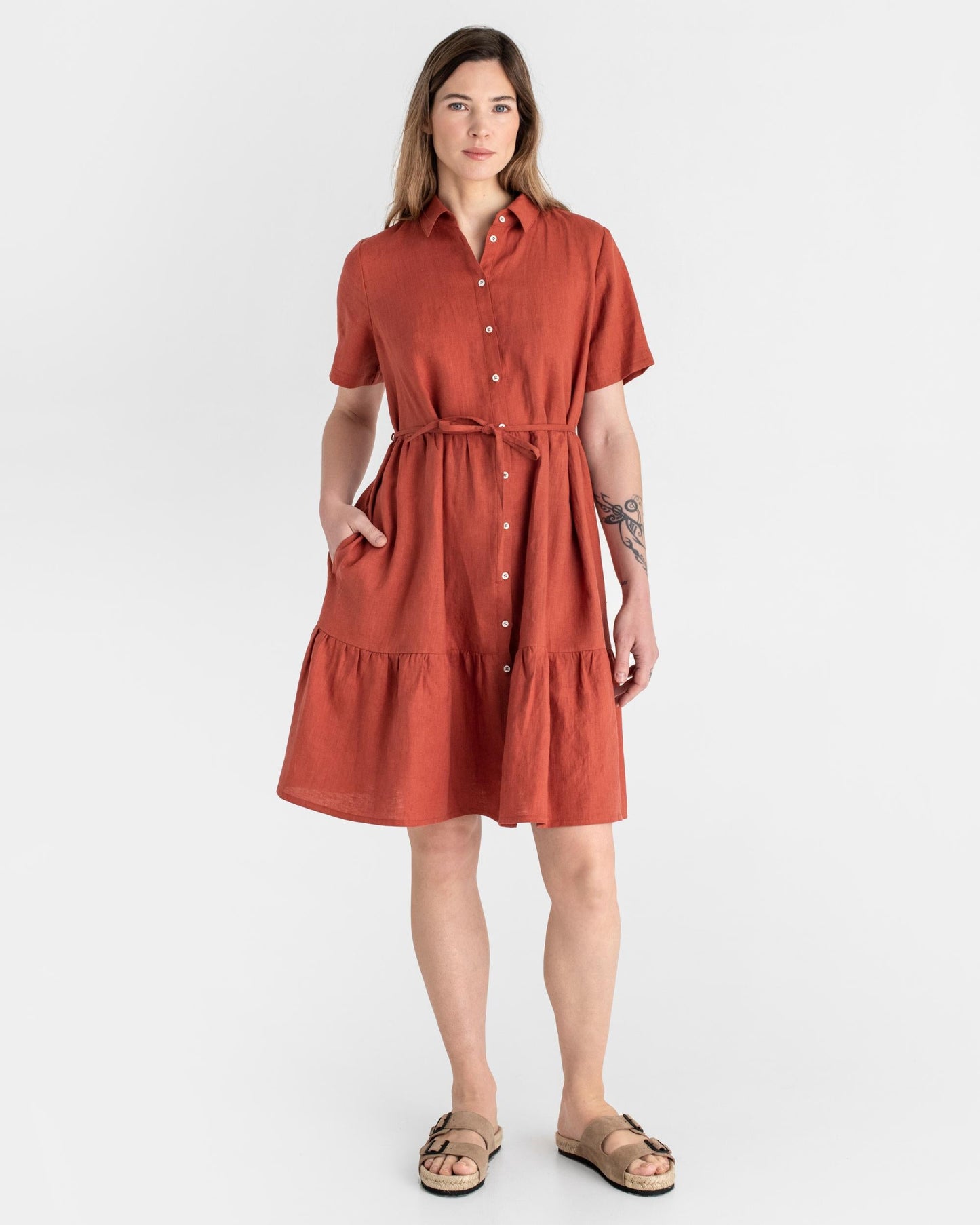 Tiered linen dress PETRA in Clay - MagicLinen
