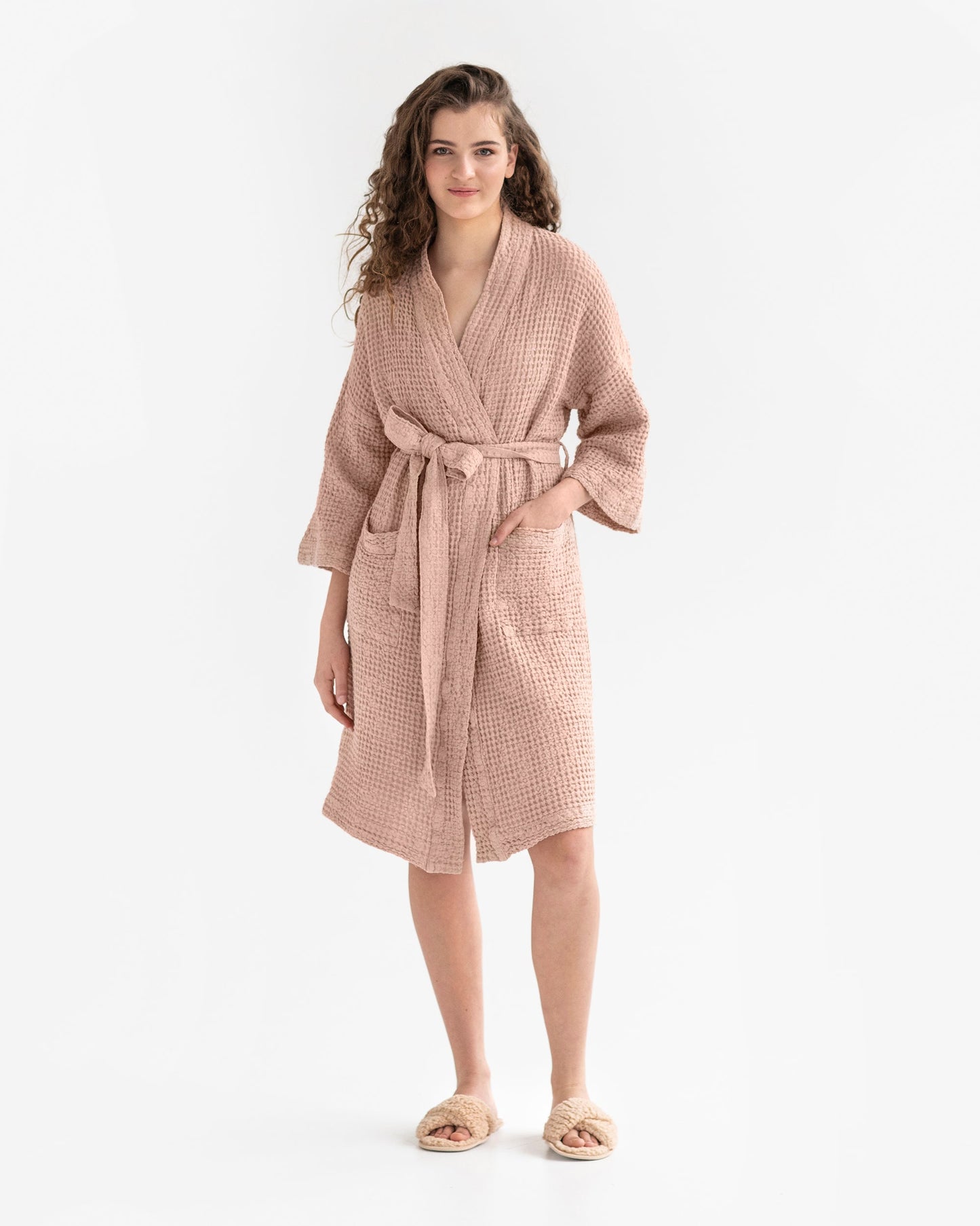 Peach Short waffle bath robe - MagicLinen