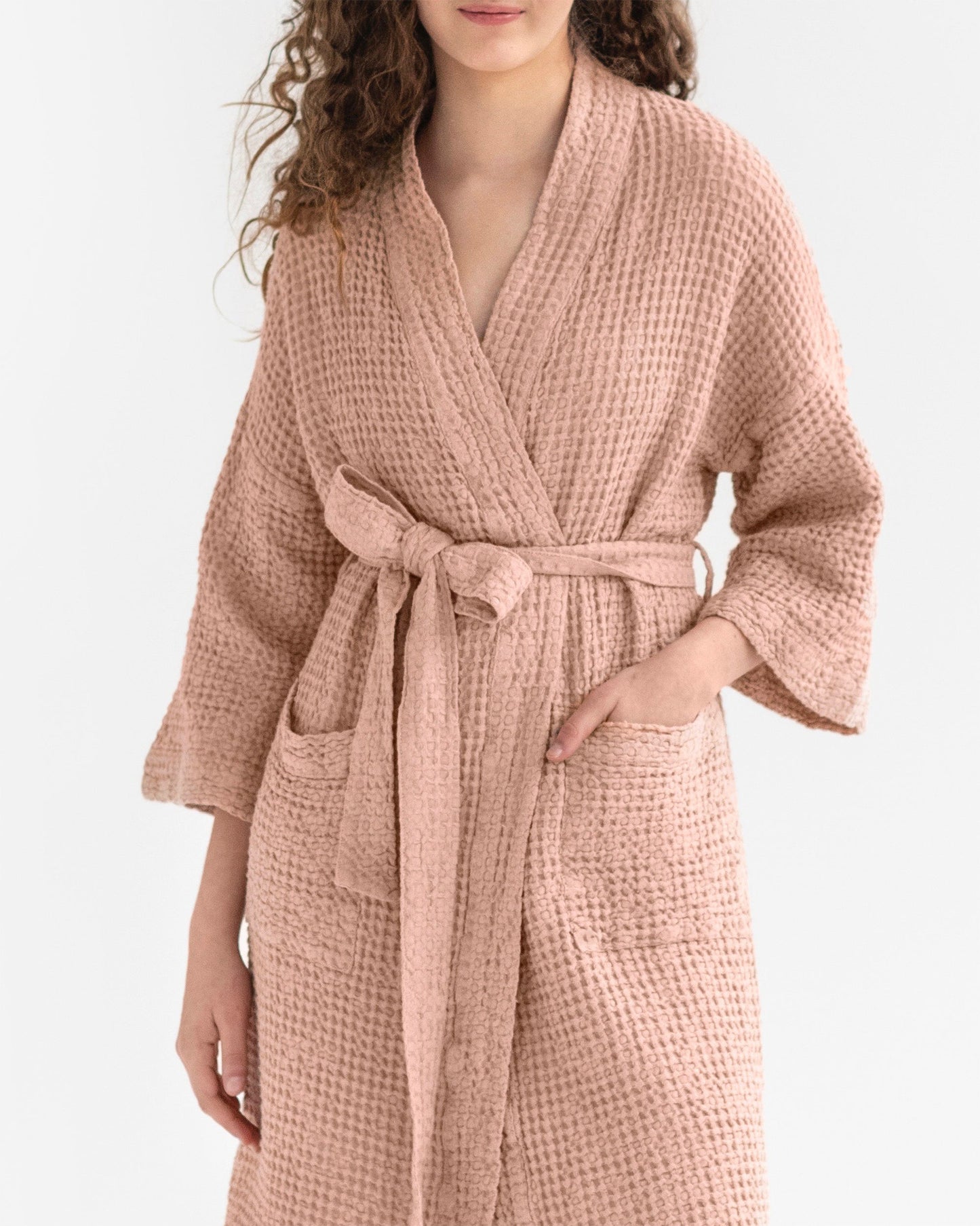 Peach Short waffle bath robe - MagicLinen