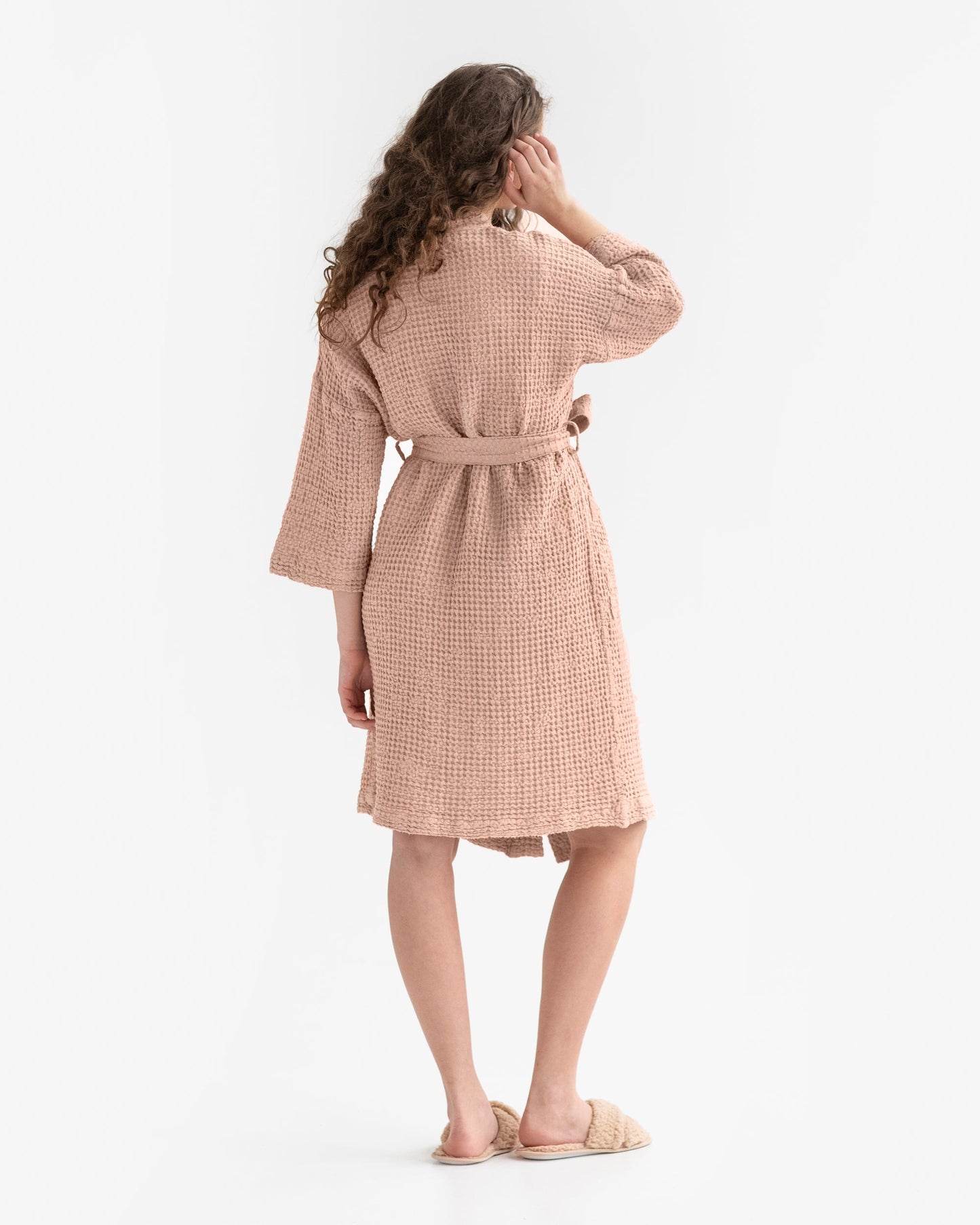 Peach Short waffle bath robe - MagicLinen