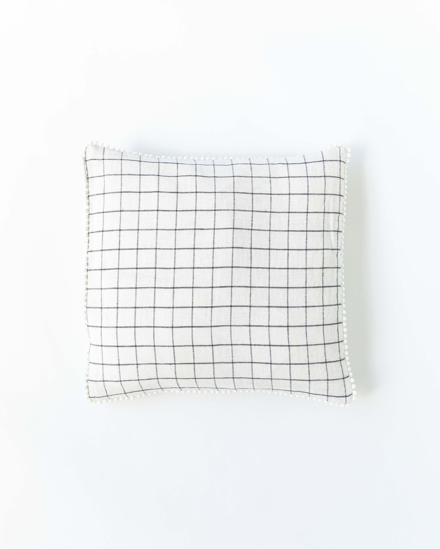 Pom pom trim linen pillowcase in Charcoal grid - MagicLinen