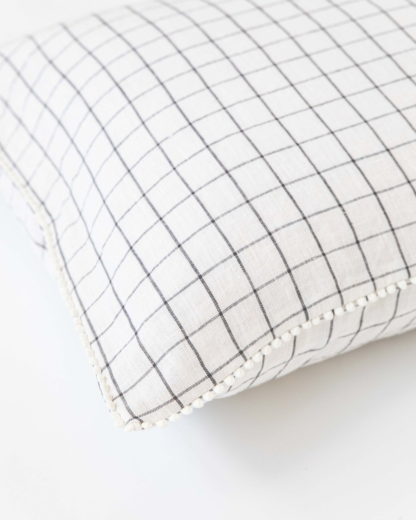 Pom pom trim linen pillowcase in Charcoal grid - MagicLinen